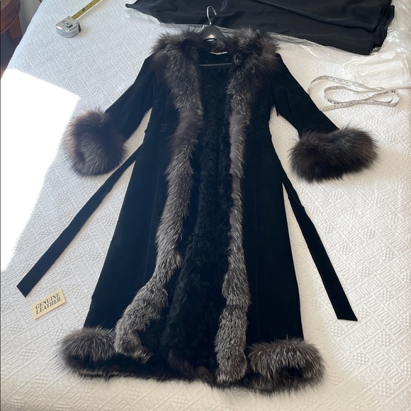 St. John Persian lamb lined Black leather Coat fox Fur Trim - Picture 3 of 17